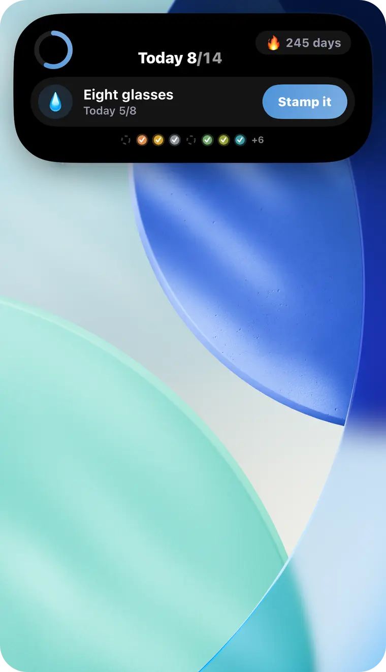 The Dynamic Island expanded over the Home Screen, showing today's progress and a stamp button