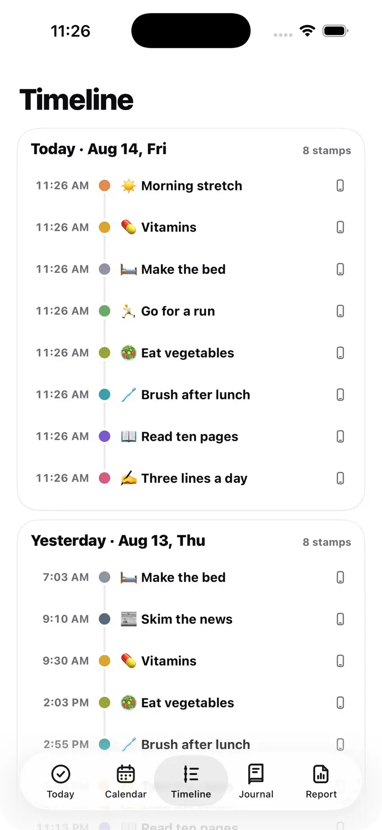 Timeline tab — stamps stacked by the hour they were pressed, day by day