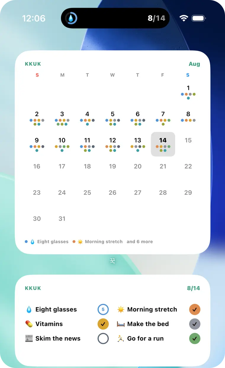 KKUK widgets on the Home Screen — a yearly grid, today's stamps, and a weekly report side by side